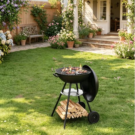 Barbecue charbon de bois rond avec couvercle, grille émaillée, ventilation réglable, poignée résistante à la chaleur, compact pour jardin, camping et terrasse CHICFURN (1/5)