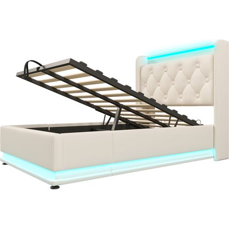 Polsterbett 90x200 cm mit LED 360°, hydraulischem Stauraum, USB-C, weiß, MODENUIT (1/5)