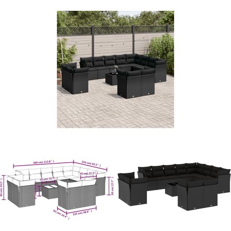 13-tlg. Garten-Sofagarnitur mit Kissen Schwarz Poly Rattan - Gartenmöbel - PE-Rattan Möbel - Outdoor Sofa Set - Esstischset - Lounge Set - Home & Living