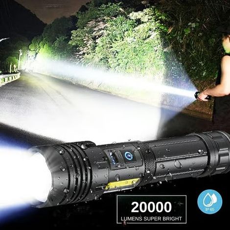 Lampe torche LED rechargeable de 20 000 lumens, lampe torche tactique professionnelle et puissante avec 7 modes, étanche et zoomable pour le camping (1/5)