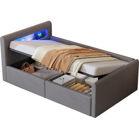 Cama Infantil Individual con LED, Luz Nocturna, USB y Arcón Hidráulico 90 x 200 cm, Sin Colchón, Gris (1/5)