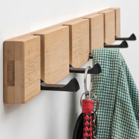 Patère Murale Design avec 5 Crochets Rétractables, Porte Manteau Mural Bois, Idéal comme Patères Portemanteaux pour Entrée, 2x50x5,5cm (1/3)
