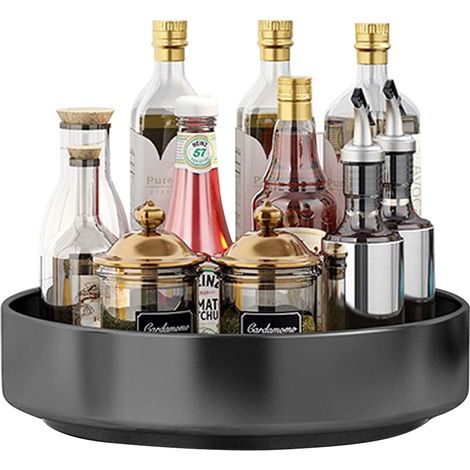 Plateau Tournant Epices, 26cm Plateau Tournant Placard Cuisine Frigo, Tournant Porte-Épices Étagère Rangement Cuisine de Acier Carbone, Epices Organisateurs de Cuisine pour Salle de Bain Noir (1/5)