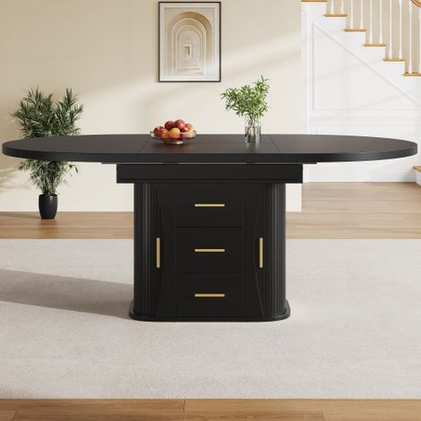Table à manger extensible ronde transformable en ovale, table de cuisine et salle à manger modulable 118 à 158 cm, pour 6 personnes, avec rangement à trois niveaux, style moderne, couleur noire (1/5)