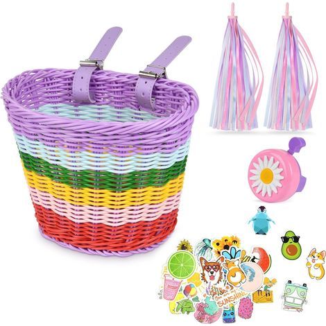 Panier de vélo pour enfants, panier de vélo tissé à la main pour enfants, panier de vélo pour filles, garçons, avec accessoires de vélo - arc-en-ciel (1/5)