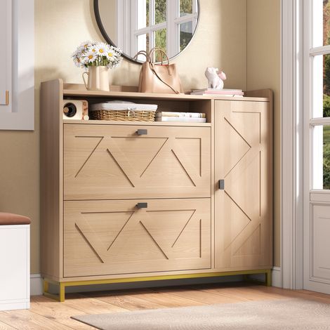 Scarpiera 110 cm design geometrico, 2 ante soft-close e vano laterale, rovere naturale e metallo, capacità 15-20 paia, stile moderno salvaspazio