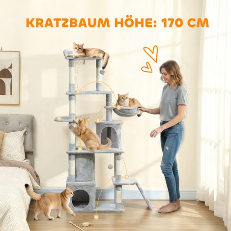Arbre à chat 170 cm avec tunnel, cachettes, large base, poteaux en sisal, gris clair (1/5)