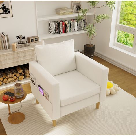 Sillón de ocio 1 plaza en tejido beige, con bolsillo, cojín incluido, estilo nórdico (1/5)