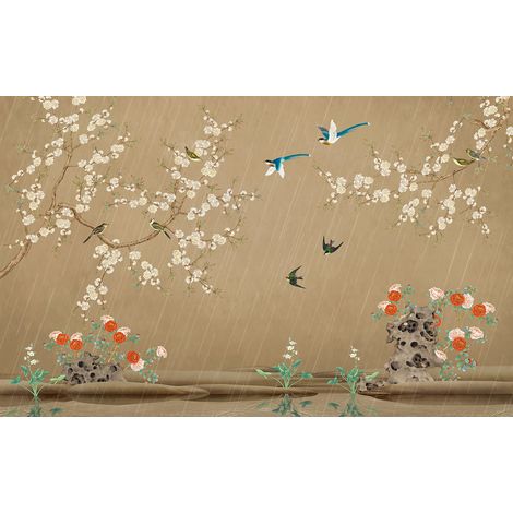 Papier peint panoramique - Fleurs Oiseaux - 130 cm x 81 cm (1/2)
