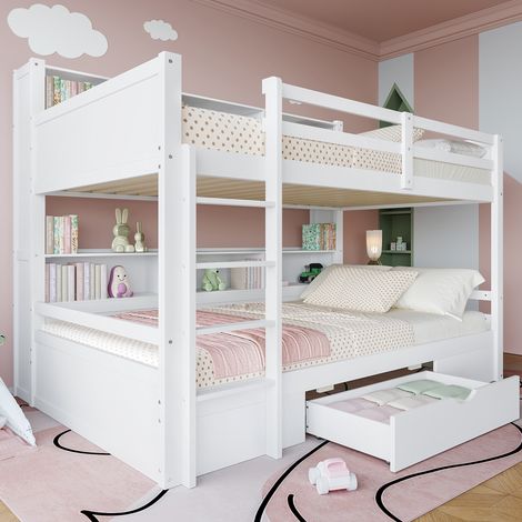 Lit superposé enfant 2 places, 90×200cm, avec 1 tiroir, 3 compartiments de rangement, antichute, sans matelas, blanc (1/5)