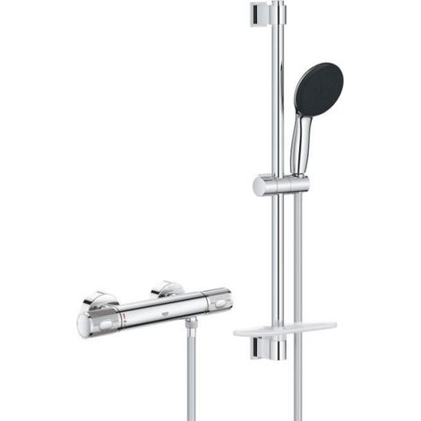 Ensemble de douche avec mitigeur thermostatique, pommeau 3 jets, barre 60cm et flexible - GROHE 34791001 - Economie d'eau - Chro (1/5)