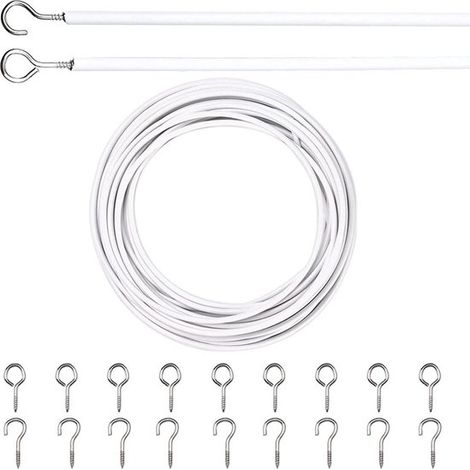 Cavo a spirale in acciaio per tende con 25 anelli ad occhiello e 25 perni a punto interrogativo, metallo bianco, 10 m (1/5)