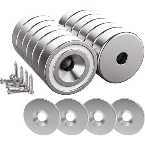 12 pièces Aimants en néodyme 10 KG force 20 x 7 mm avec trou et capsule, aimant en pot fraisé avec vis et 12 coussins en acier (1/5)