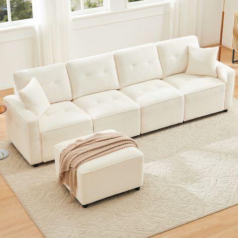 Sofá recto modular de 4 plazas de terciopelo acanalado (pana), con almacenamiento y puf, beige (1/5)