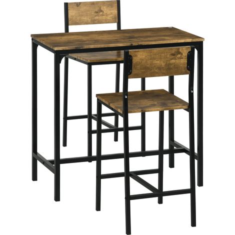 3-teiliges Bar-Set, Stehtisch, 2 Stühle, MDF, Metallrahmen, wasserfest, Braun
