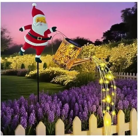 Outdoor Solar Watering Can Lantern, Christmas Decoration with Santa Stand, Waterproof LED Solar Light.