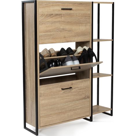 Idmarket – Meuble à chaussures 18 paires – 3 portes – étagère en bois imitation hêtre et métal noir – design industriel – dimensions 92x23.5x115 cm