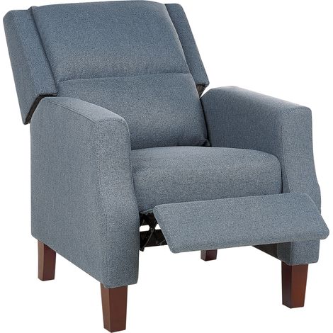 Silla reclinable tapizada en tela azul respaldo y reposapiés ajustables manualmente sillón de diseño retro Egersund