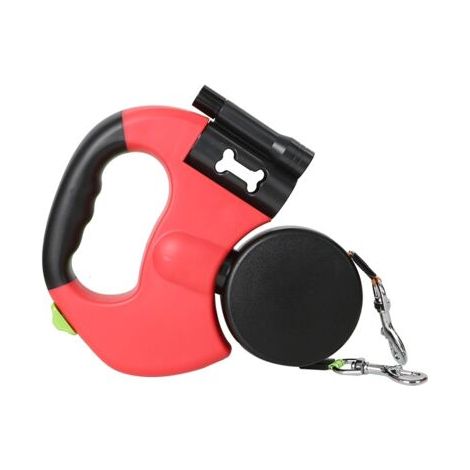 Laisse double pour chien - Extensible - 300 cm - Rétractable - Double laisse pour 2 chiens - Avec lumière - Poignée ergonomique - Laisse rétractable - Réfléchissante la nuit, rouge