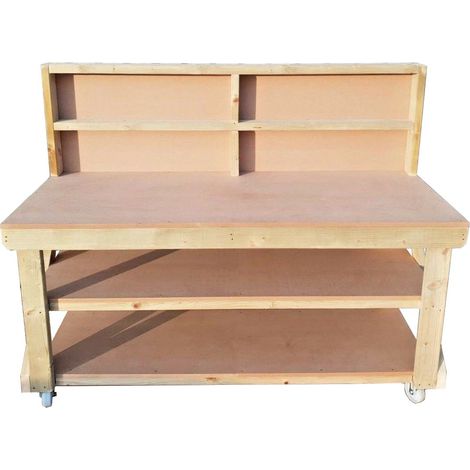 MDF top workbench (H-90cm, D-70cm, L-120cm) with back panel, double shelf and wheels (1/3)
