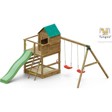 Aire de jeux avec balançoire double – Toboggan vert – 6 ancrages de sécurité – Bois en pin autoclave – Surface 11,21m² – Pour 9 utilisateurs max – Fungoo