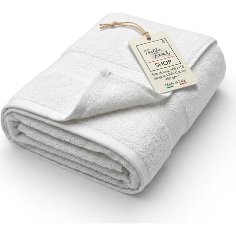 Telo Doccia Bianco 100x150 in Spugna 100% Cotone 450 g/m² Made in Italy