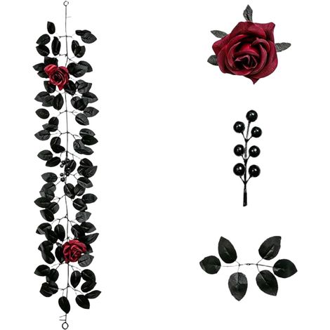 Guirlande de roses artificielles et baies, feuillage noir, roses rouges, décoration florale suspendue, style gothique, pour Halloween, automne, mariage, maison ou fête de jardin. (1/5)