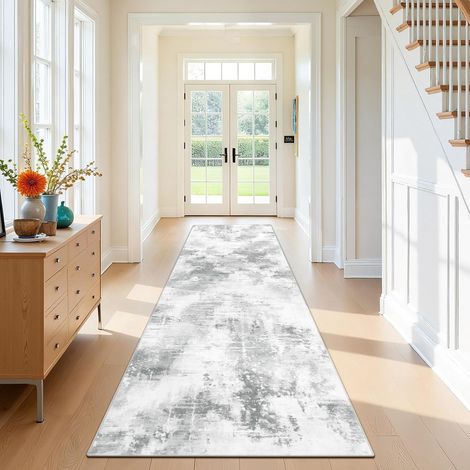 1 Tapis de couloir,80x300cm,poil ras,antidérapant,lavable,abstrait,gris clair,pour entrée,cuisine,chambre (1/5)