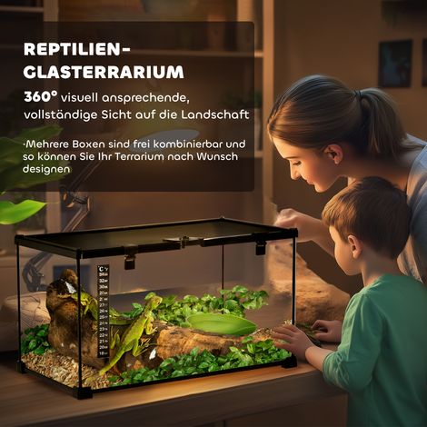 Terrarium pour reptiles avec thermomètre à bande, trappes d’alimentation, 50x30x25 cm, verre et métal, noir (1/5)