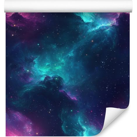 Papel pintado de galaxia en acuarela azul marino, turquesa, azul y violeta 50x1000 cm (1/5)