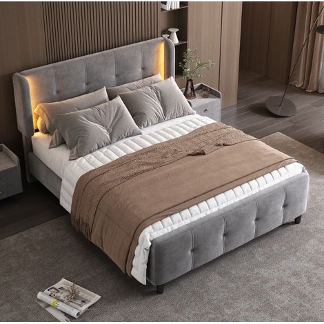 Letto matrimoniale imbottito 140x200 cm in velluto con LED RGB 16 colori sulle testiere laterali, grigio (1/5)
