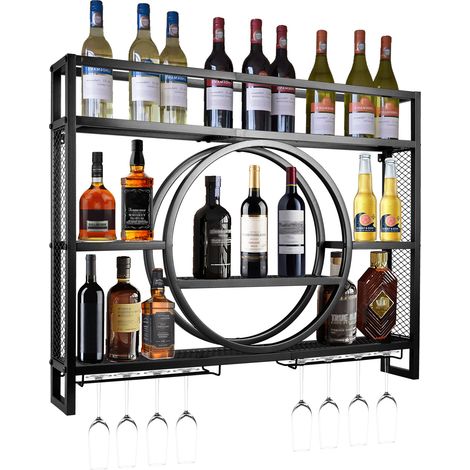Casier à vin Mural 3 Niveaux 120cm acier Carbone Moderne Flottantes en Casier à Bouteilles Étagère À Vin Charge 50kg Support Verres 30 Bouteilles pour Maison Cuisine Bar (Noir,120x15x80cm) (1/5)