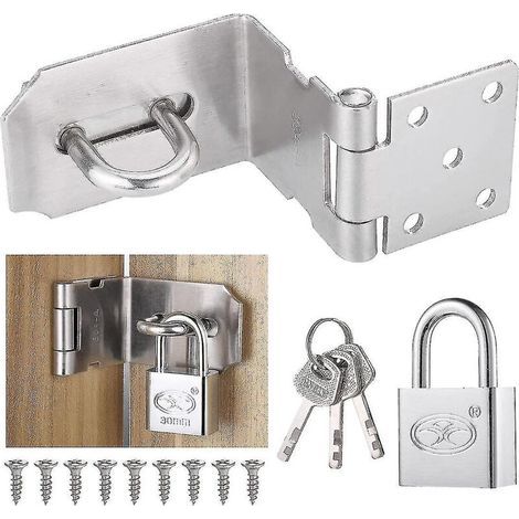 90 Degrés Moraillon de Cadenas avec Cadenas et Vis, Moraillon de Loquet de Porte en Acier Inox, Moraillon Cadenas à Angle Droit Indéformable pour Porte en Bois, Jardin, Fenêtres, Armoires, Garage (1/5)