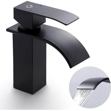 Robinet de Salle de Bain Noir Cascade, Mitigeur Lavabo Monocommande en Acier Inoxydable 304, Vanne Céramique Durable, Tuyaux Antiexplosion, Économiseur d'Eau (1/5)