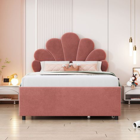 Lit enfant 90x200 cm avec sommier inclus, lit rembourré en velours rose avec tête de lit fleurie, 2 tiroirs de rangement, lit fille sans matelas (1/5)
