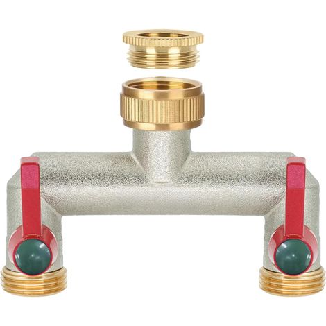 Répartiteur de Robinet de Jardin en Laiton, répartiteur de Tuyau 1/2" et 3/4", connecteur de Tuyau de Robinet à 2 Voies avec vannes et poignée étendue, Montage sur Deux minuteries d'eau