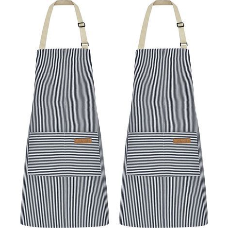 Delantales con finas rayas azules, 68x75 cm, juego de 2, delantales con cuello ajustable para restaurantes y cocinas. (1/5)