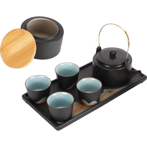 Service à thé style japonais en céramique noire - Théière, tasses et plateau pour cérémonie du thé (1/5)