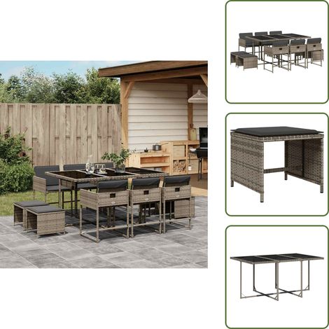 11-tlg. Garten-Essgruppe mit Kissen Grau Poly Rattan - Gartenmöbel Set - Gartentisch - Gartenstühle - Gartenhocker - Rattan Möbel (1/5)