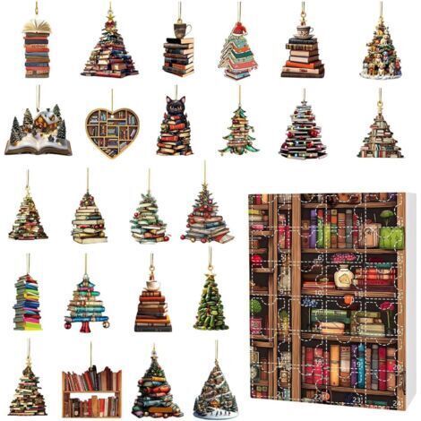 Calendriers de l'Avent décoratifs avec livres de Noël Pendentif étagère 2D en forme de sapin de Noël plat, compte à rebours du calendrier de Noël 2024 Ornement de Noël à suspendre avec des livres em (1/5)