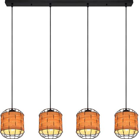 Lampe à suspension aspect bois Lampe à suspension grille noire Lampe de salle à manger marron, métal, 4x douilles E27, LxlxH 100x18x120 cm (1/5)