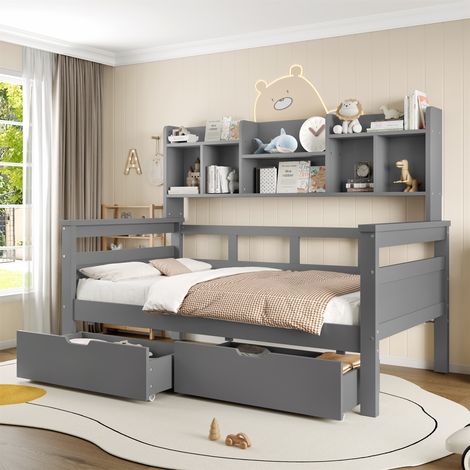 3ft Kids Storage Bed with Bookcase Headboard & Guardrail - Wooden Bed Frame with 2 Drawers, Space-Saving Single Bed for Bedroom/Dorm/Study Room (No Mattress),Grey