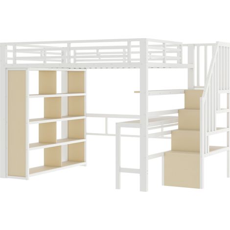Letto a soppalco 140 x 200 cm in metallo e MDF con scrivania, ripiani, LED e scala bianca (1/5)