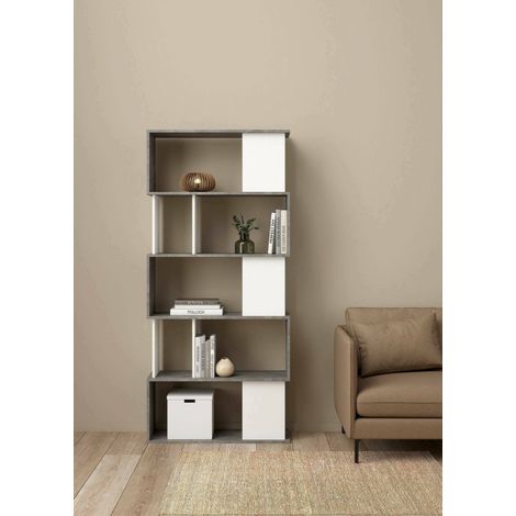 Dmora Bibliothèque avec 5 étagères asymétriques, blanc et gris, Dimensions 80 x 175 x 29,5 cm, avec emballage renforcé (1/5)