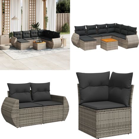 Salon de jardin 8 pcs avec coussins gris résine tressée - Salon De Jardin - Meuble Extérieur - Set Salon - Résine Tressée - Rotin Synthétique - Home & Living (1/5)
