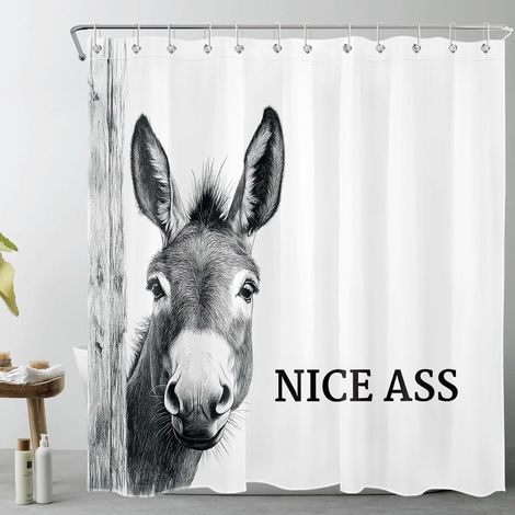 Âne de la Ferme Rideaux de Douche 180x200cm Citation drôle Nice Ass Rideaux de Bain avec Crochets,Gris et Blanc Extra Longue Imperméable Polyester Anti Moule Salle de Bain Décor (1/5)