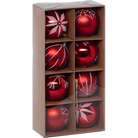 Weihnachtskugeln rot mit weißem Muster, Ø 8 cm, 8er-Set (1/5)