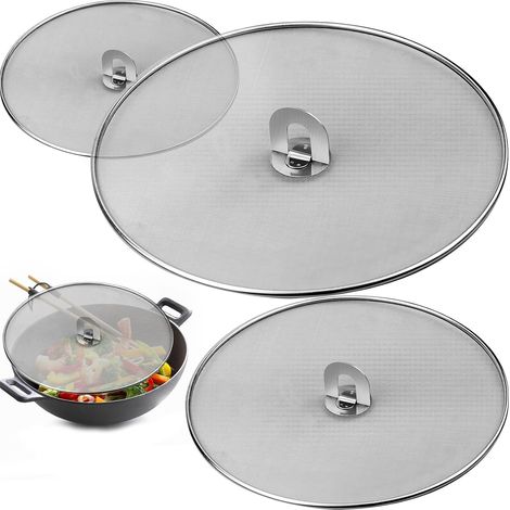Juego de 3 protectores antisalpicaduras multifuncionales de acero inoxidable para sartenes (25 cm, 29 cm, 33 cm de diámetro) para diversos tipos de sartenes. (1/5)