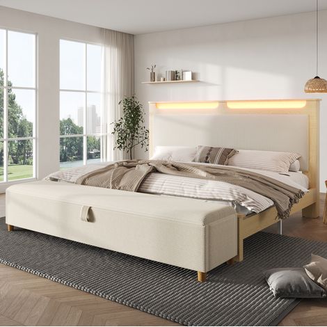 Cama doble (145x253x110 cm), con banco con almacenaje, cabecero con LED, beige y roble claro, con colchón, tejido de cordón (1/5)