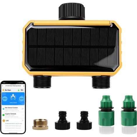 Minuteur d'irrigation solaire WiFi avec télécommande Smart APP - Contrôleur de tuyau automatique d'extérieur programmable ou arrosage de pelouse de jardin (2 prises) (1/5)